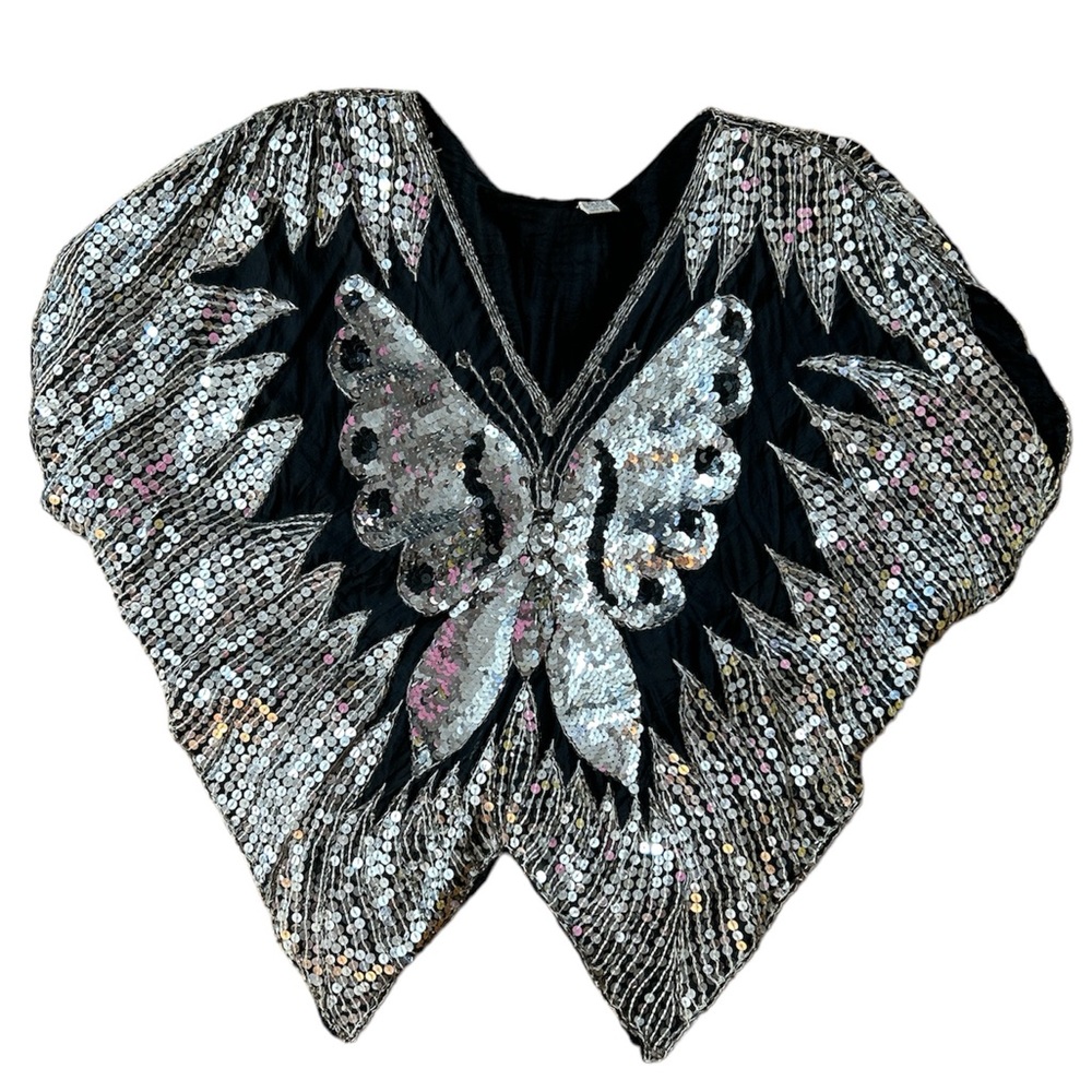 Vintage 70s Silk-Sequin-Beaded Butterfly Top Handkerchief Hem Black and Silver